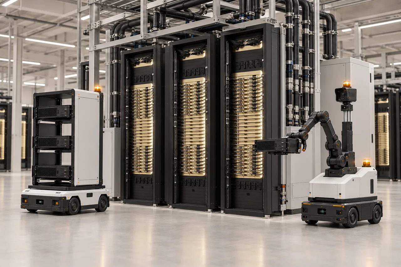 Vera Rubin–style AI racks with exposed modular trays, liquid-cooling infrastructure, and two Complete robots in a modern data-center hall