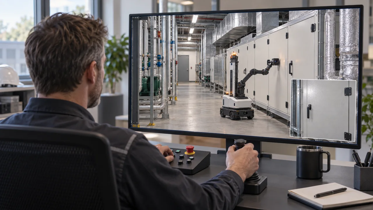 A technician uses a joystick and live camera views to guide a compact inspection robot beside an air-handling unit at a separate site