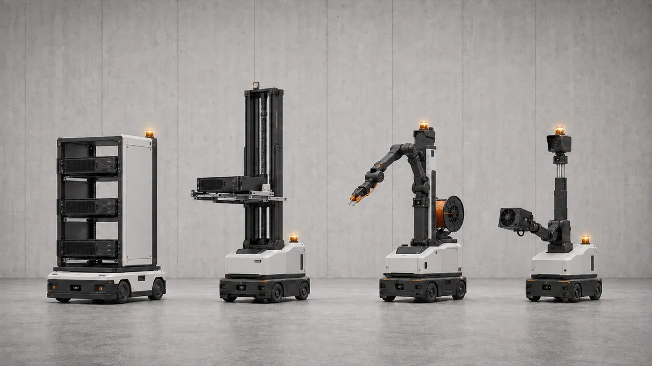 Four dedicated indoor machines: a server transporter, supported insertion lift, rack cabling robot, and inspection and service robot