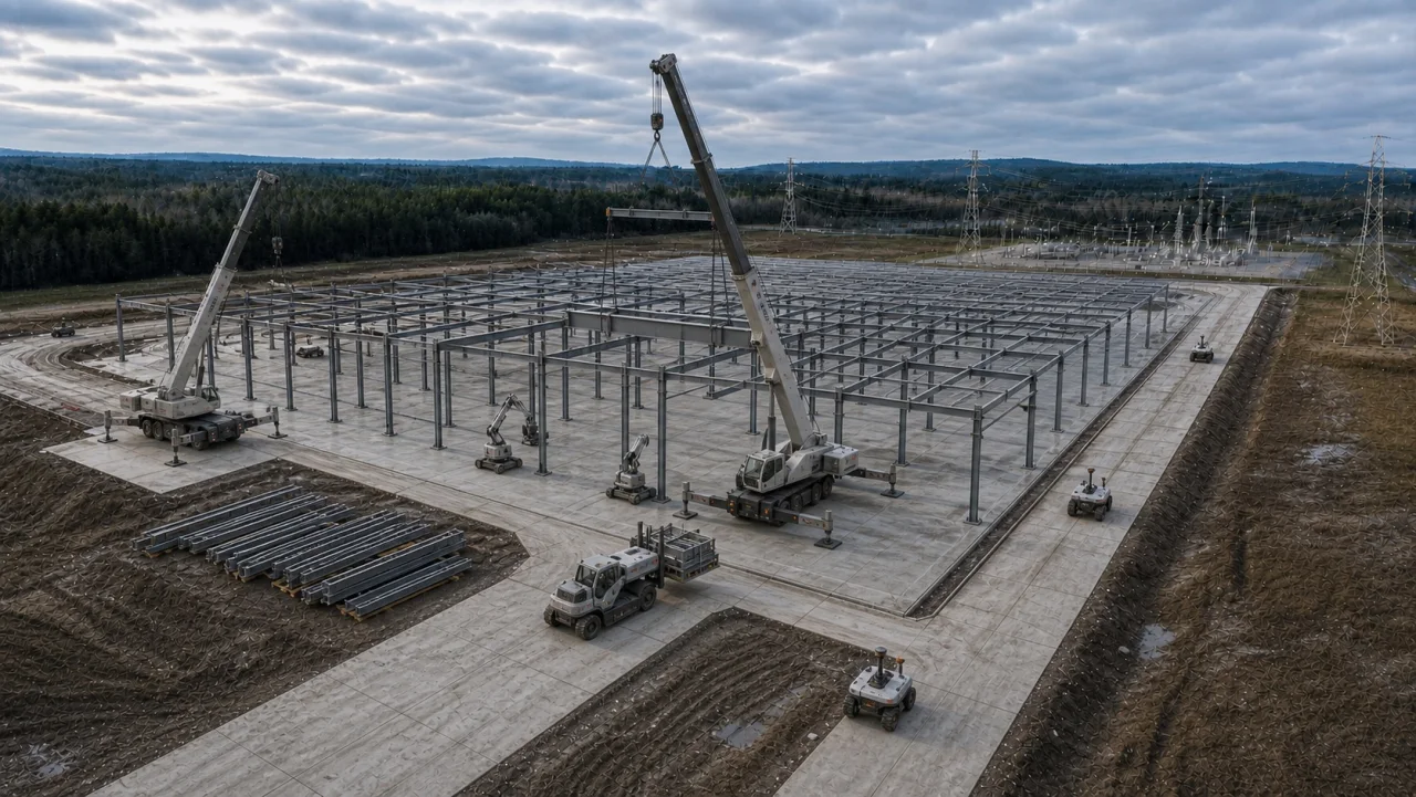 Cranes and positioning robots assembling a steel frame on the surveyed site, with the same road and substation
