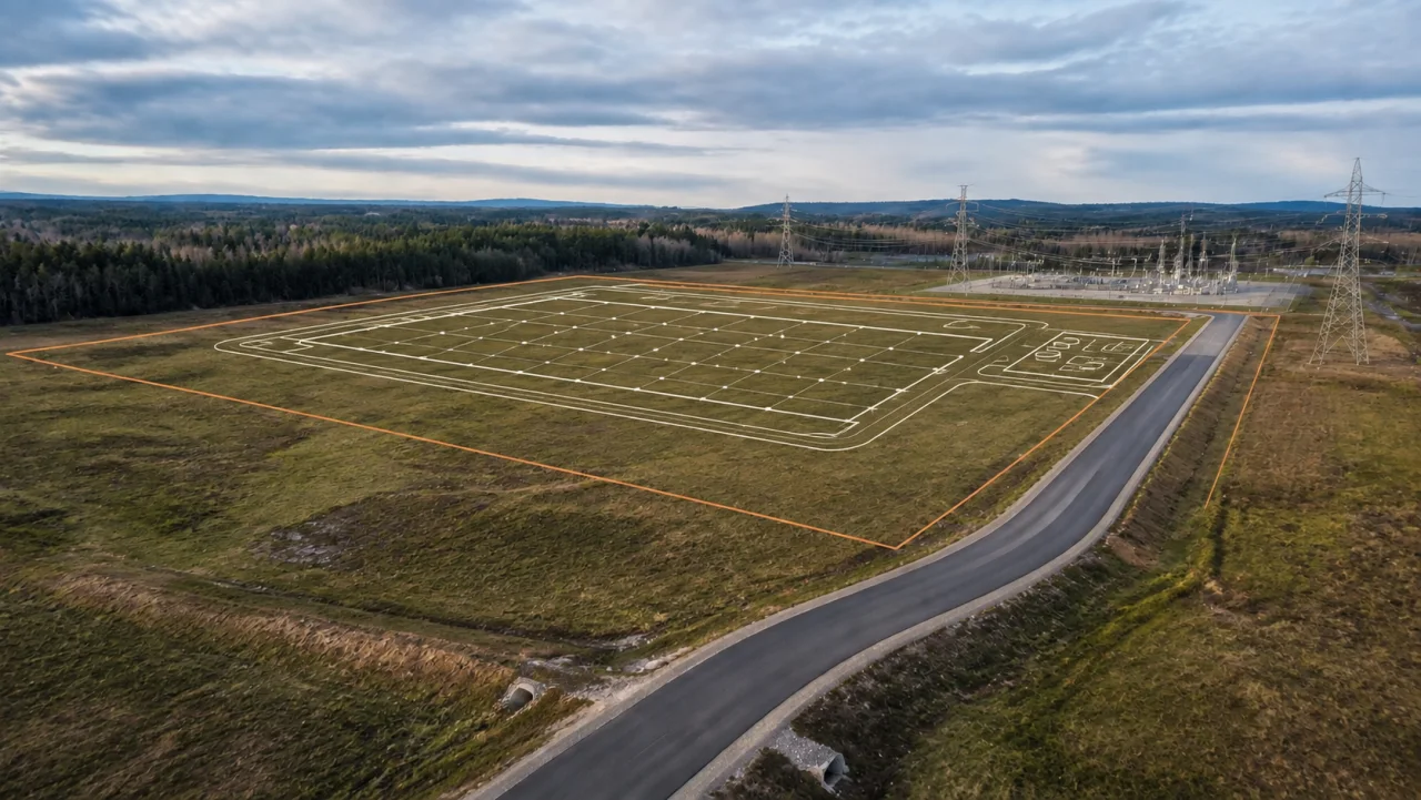 Proposed building footprint, access routes, and utility zones drawn over the same unbuilt site