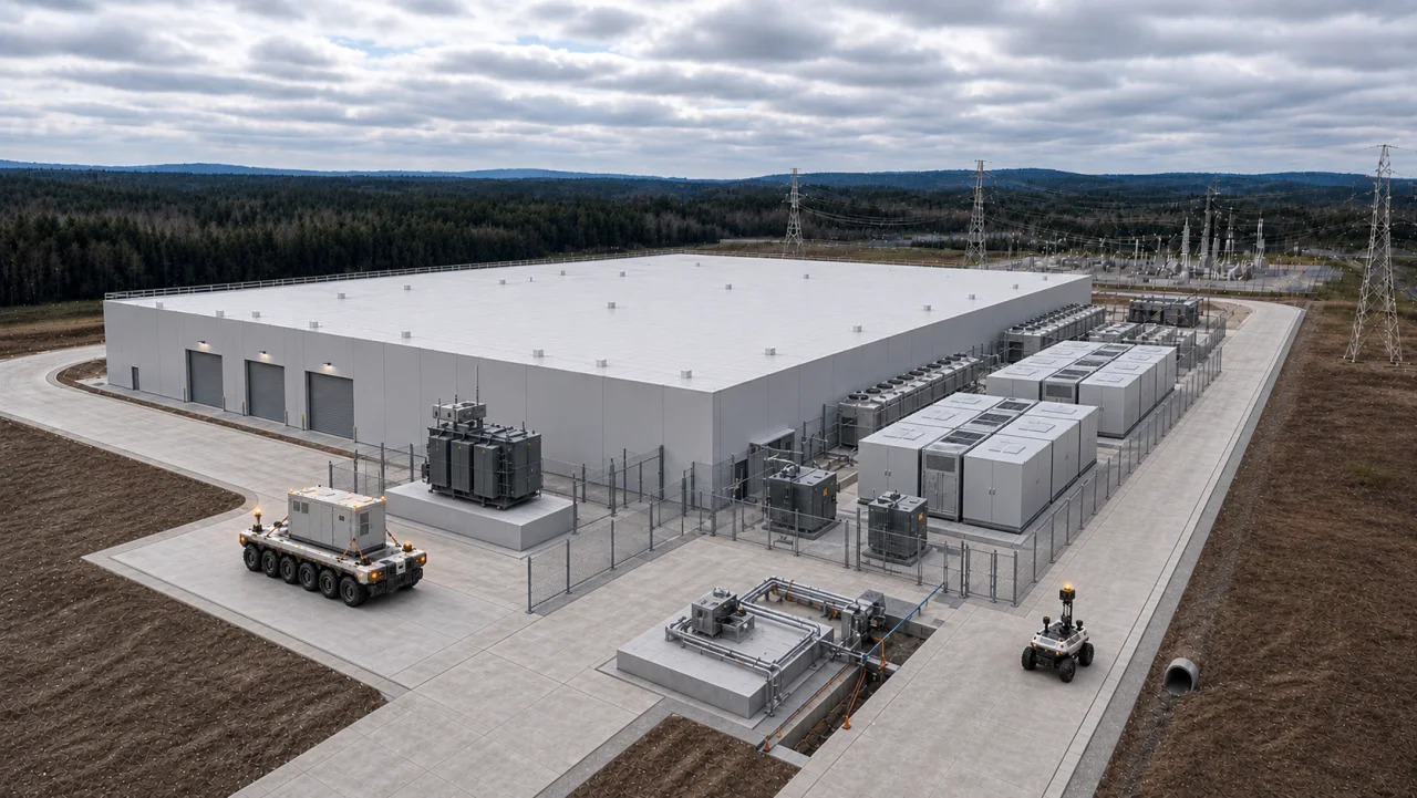 The enclosed facility with modular battery blocks, transformers and cooling connected beside the same grid infrastructure