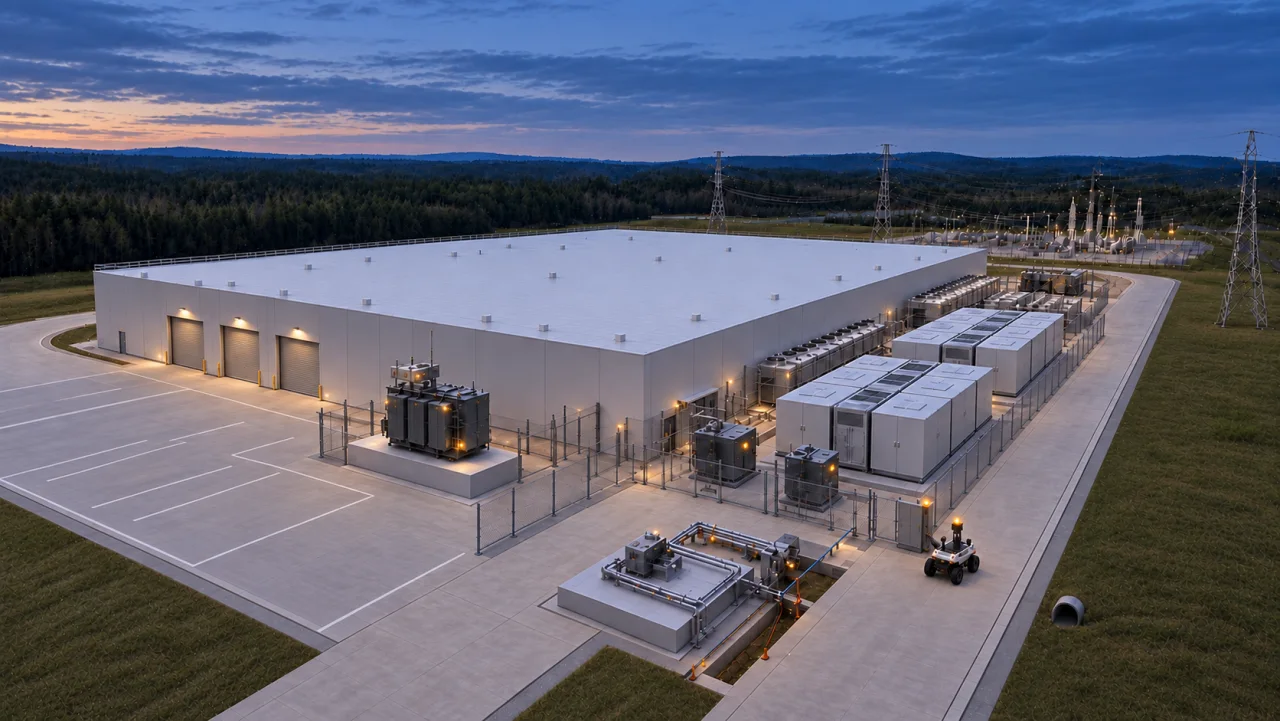The same completed facility at dusk, with clear service roads, installed battery systems and an inspection rover