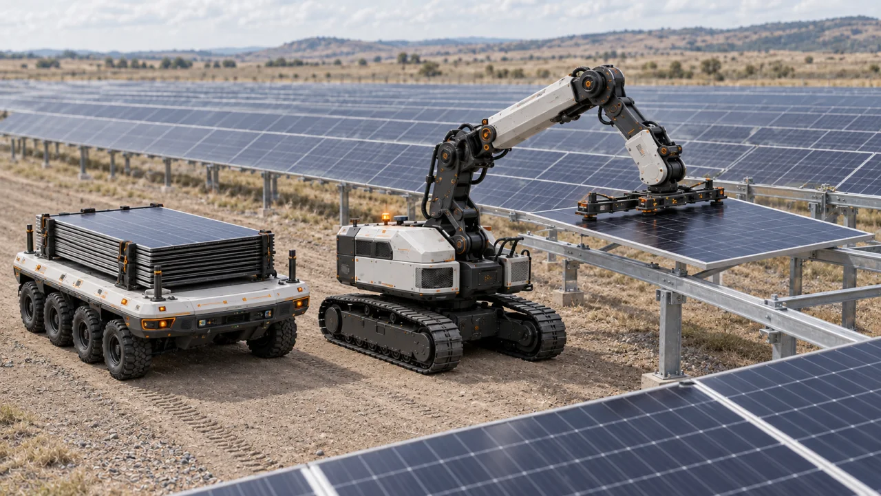 A tracked robot positions a solar panel on mounting rails beside a carrier with secured photovoltaic modules
